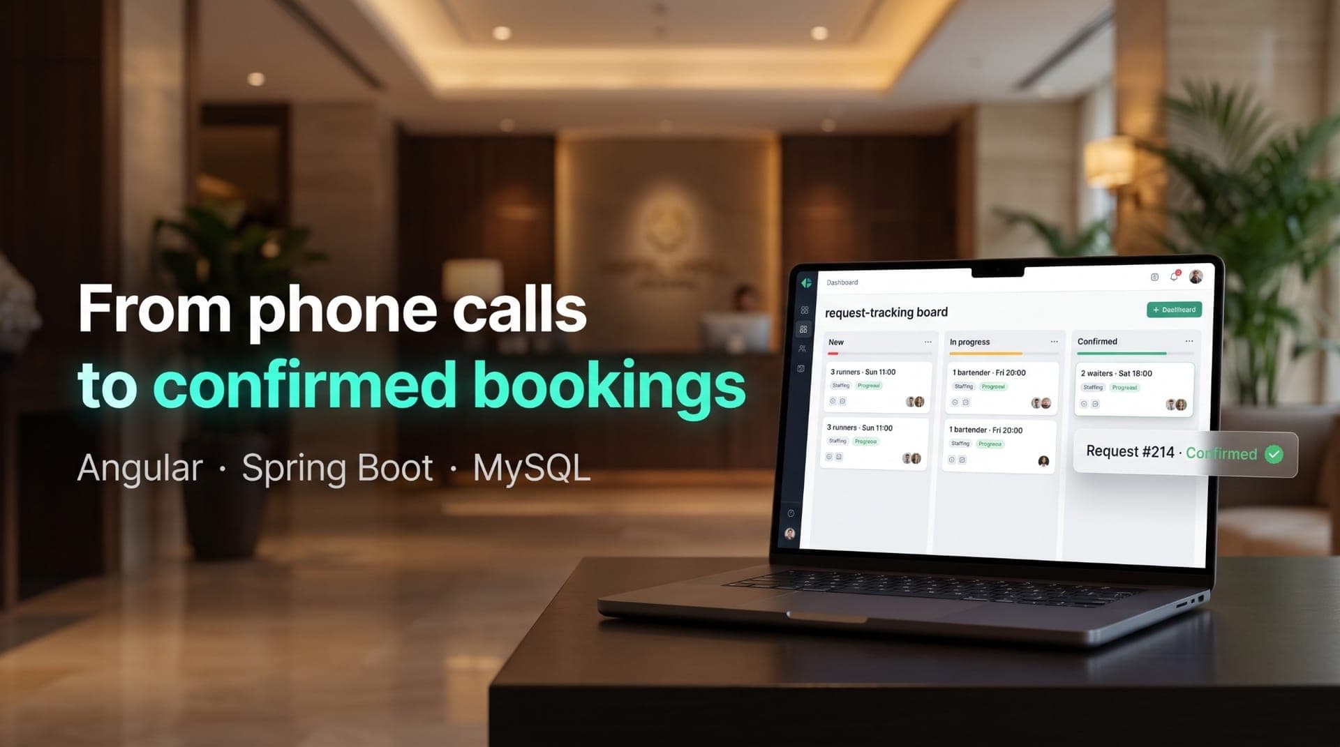 Laptop in a hotel lobby showing a request-tracking board with New, In progress and Confirmed columns, headline From phone calls to confirmed bookings