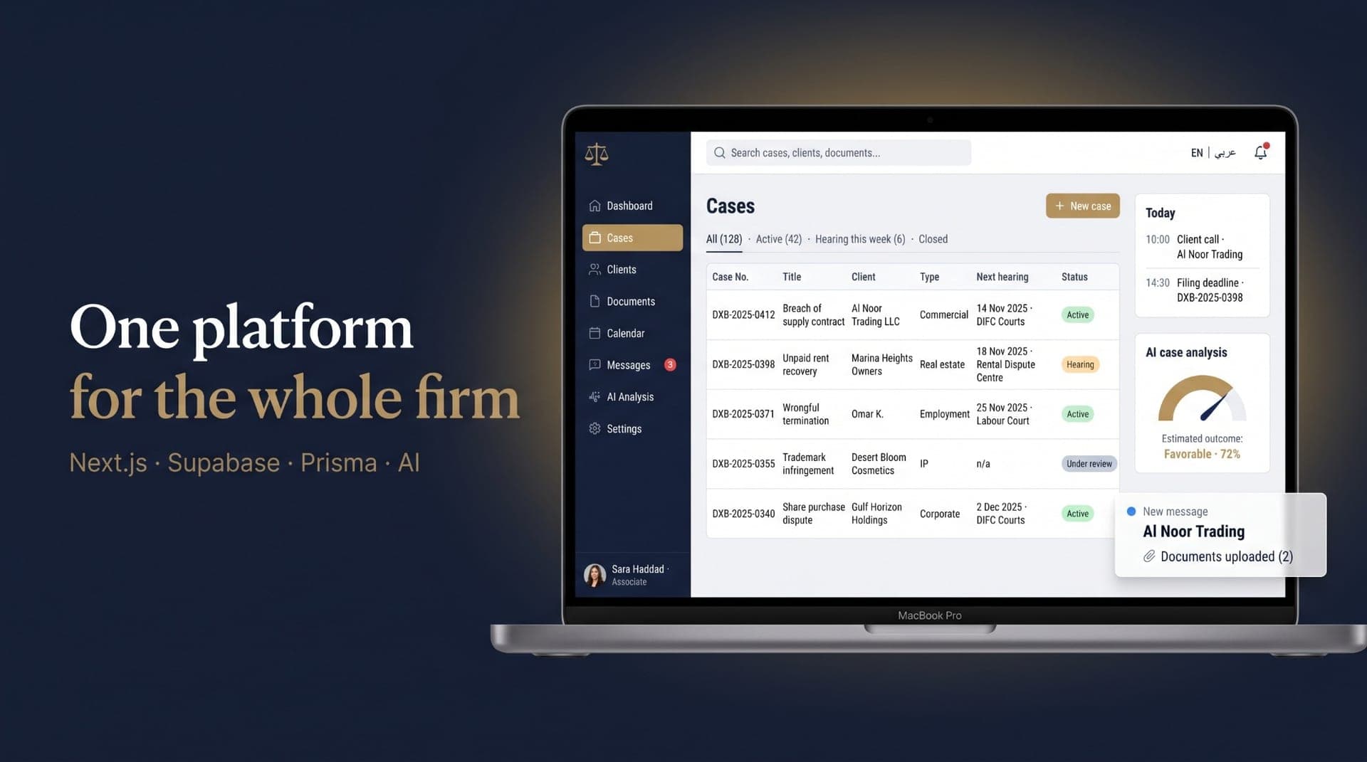 Laptop showing the law firm platform: a cases table with hearings and statuses, today's agenda and an AI case analysis gauge, headline One platform for the whole firm